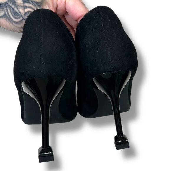 MEI TI MENG Black Embellished Pointed Toe Flared Heel Mengmei Stiletto Pumps - Picture 7 of 14